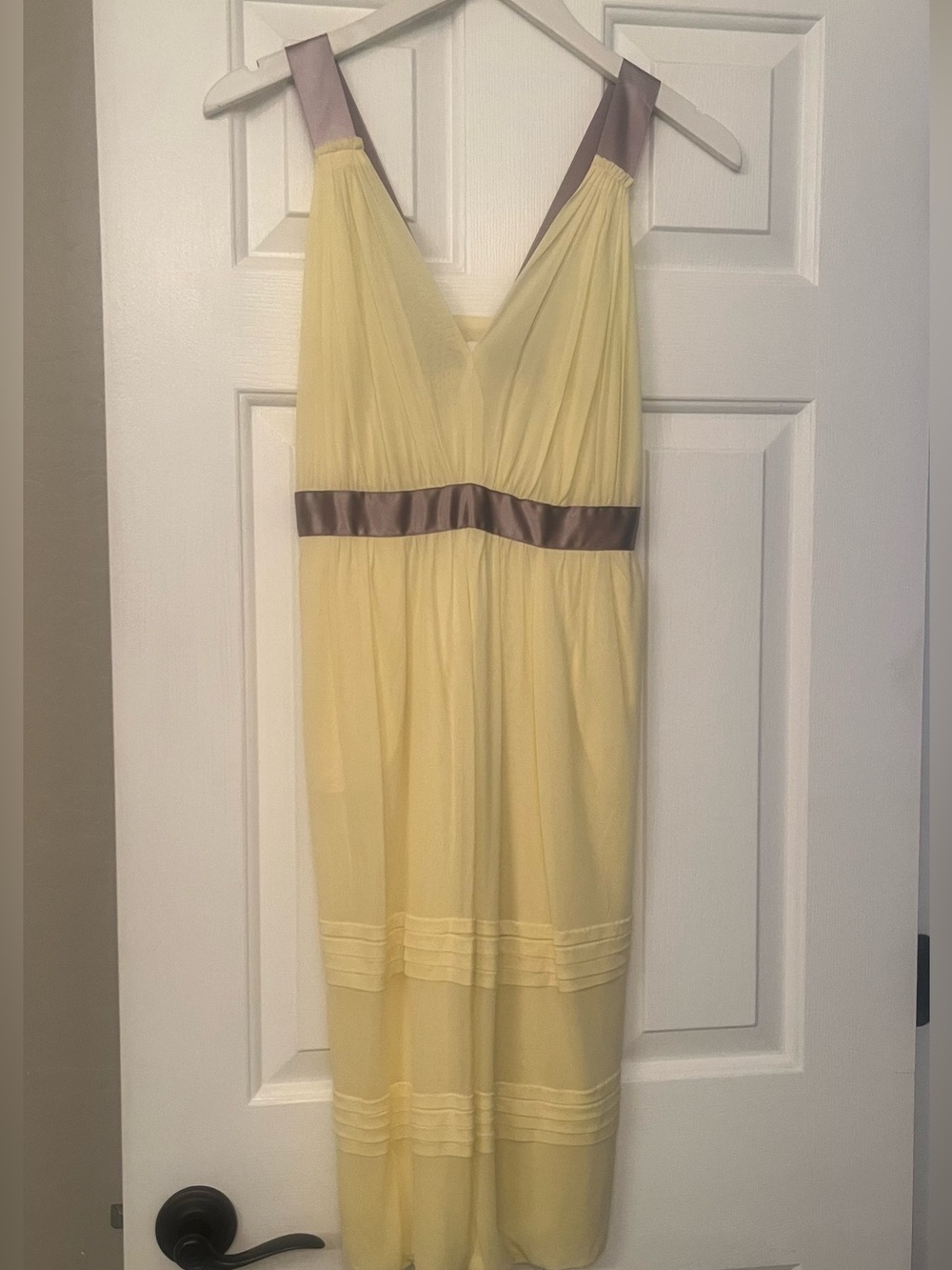 Baby Yellow Chiffon V-Neck Dress with Taupe Satin Trim